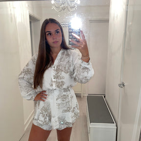 White printed cheesecloth playsuit